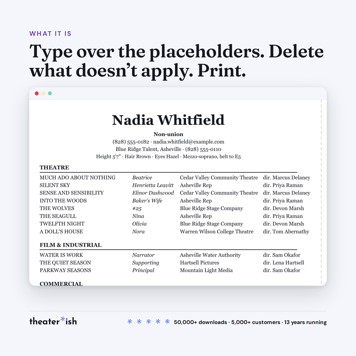 The top of the filled-in example, Nadia Whitfield, showing the header block and the theatre credits