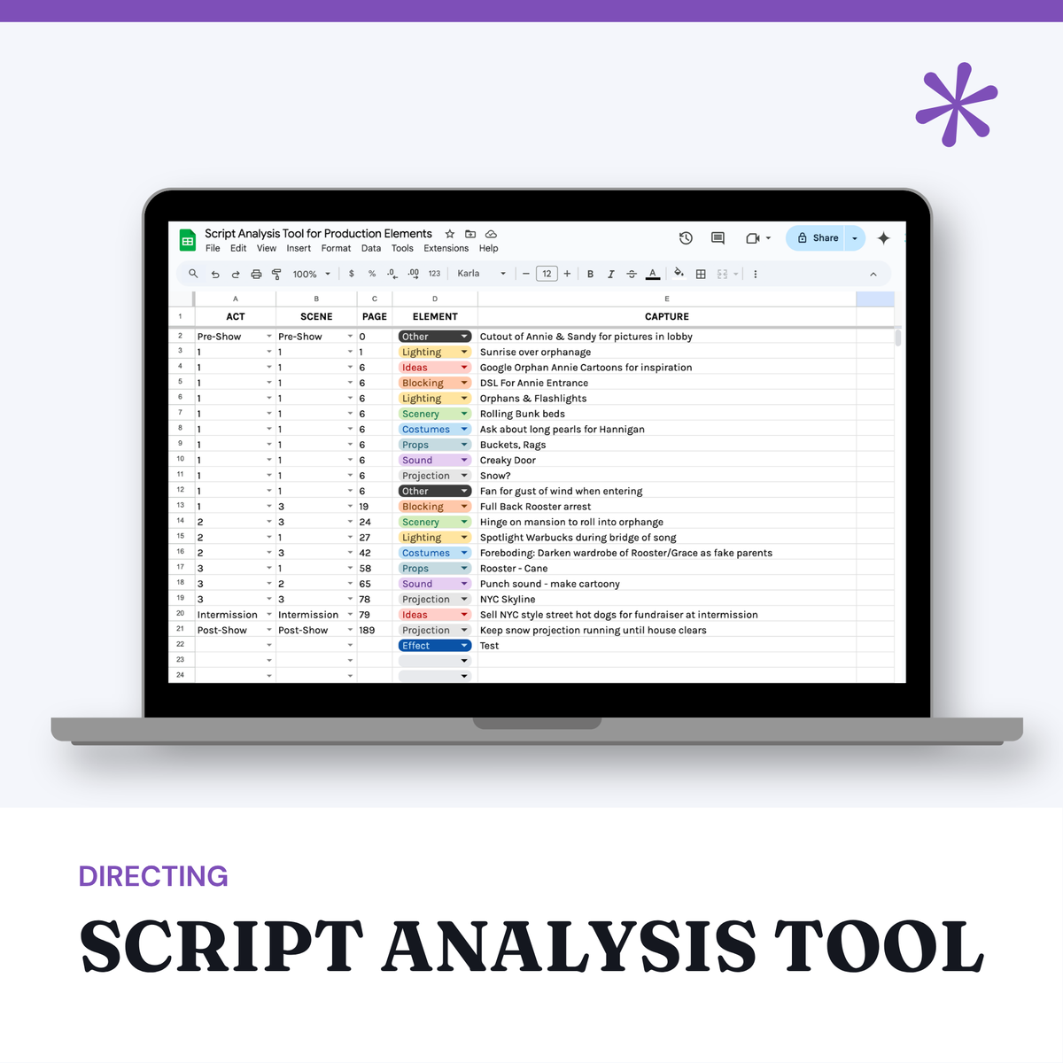 Script Analysis Tool, a production element tracking template for Google Sheets