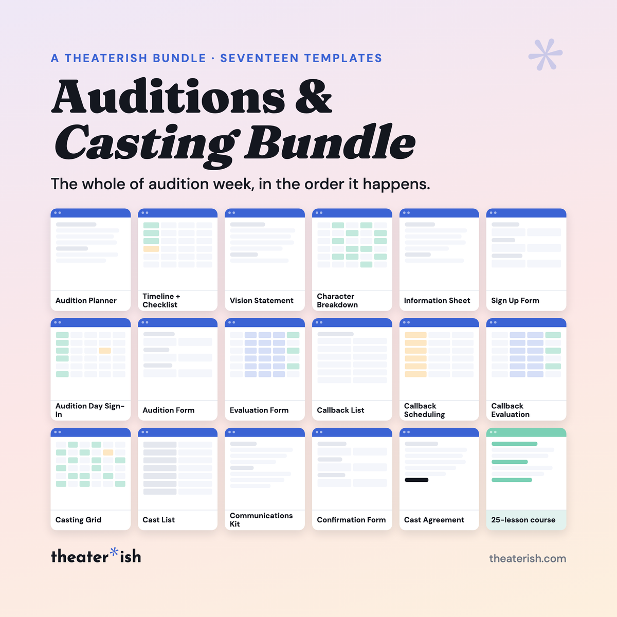 Auditions and Casting Bundle cover: seventeen template cards laid out in a grid, with a 25-lesson course card