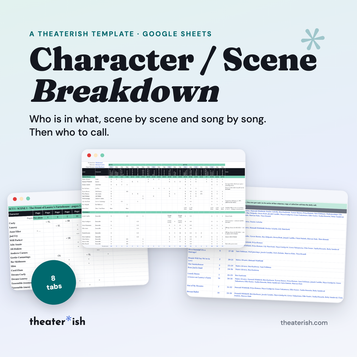 Character/Scene Breakdown, a musical-ready scene breakdown template for Google Sheets: the By Scene grid, the Call Lines tab, and a By Page block staged on a teal ground, with an 8-tabs badge