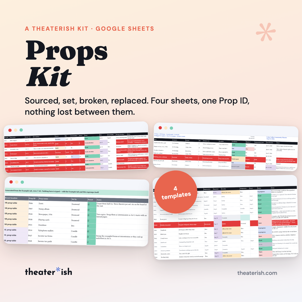 Props Kit — four Google Sheets props templates staged together, badged four templates