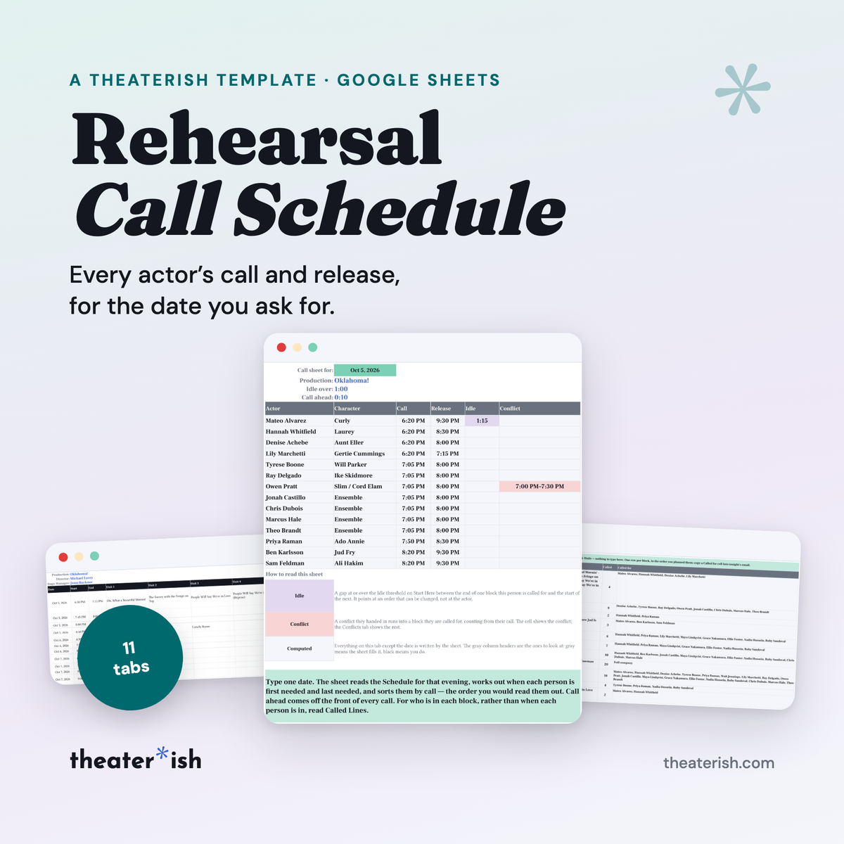 Rehearsal Call Schedule template for Google Sheets, showing a call sheet with every actor's call and release time and a key to its two flags