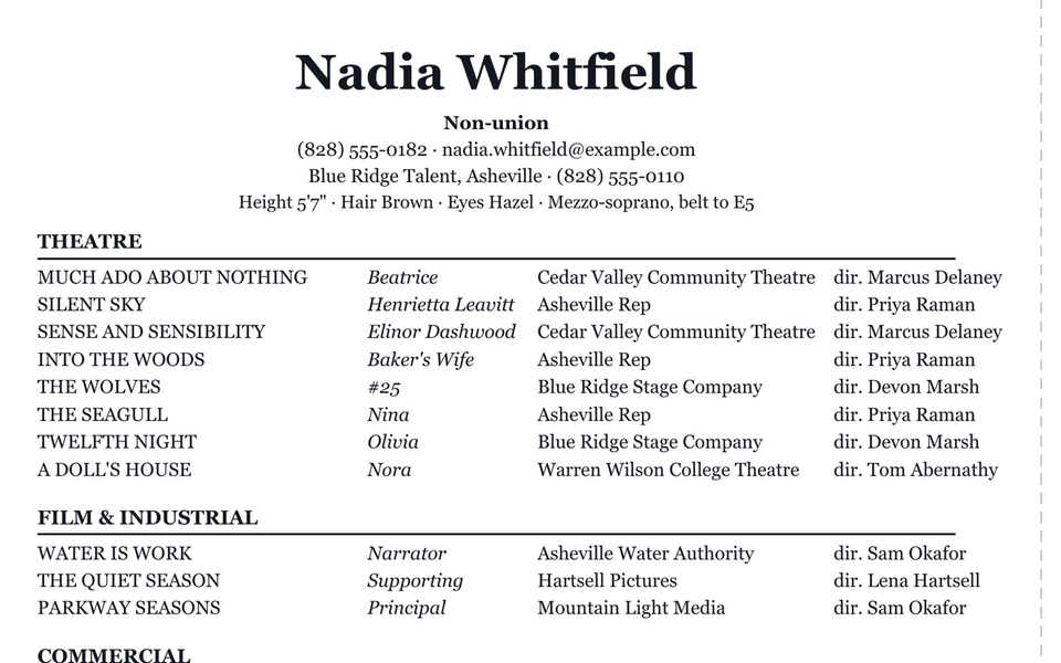The Acting Resume Template example page in Google Docs