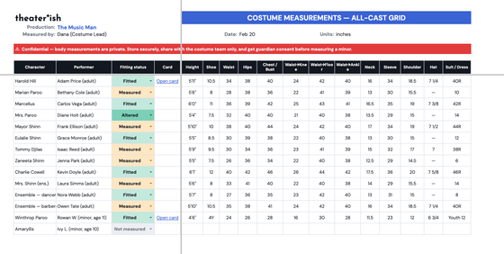 Costume Measurement Chart