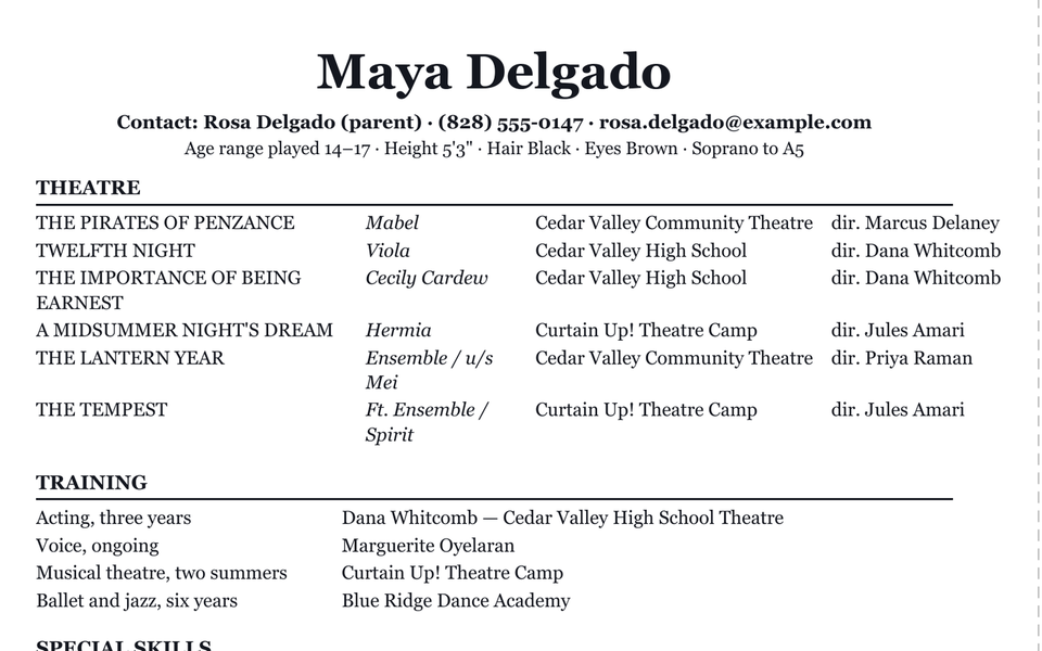 The top of Maya Delgado's youth acting resume